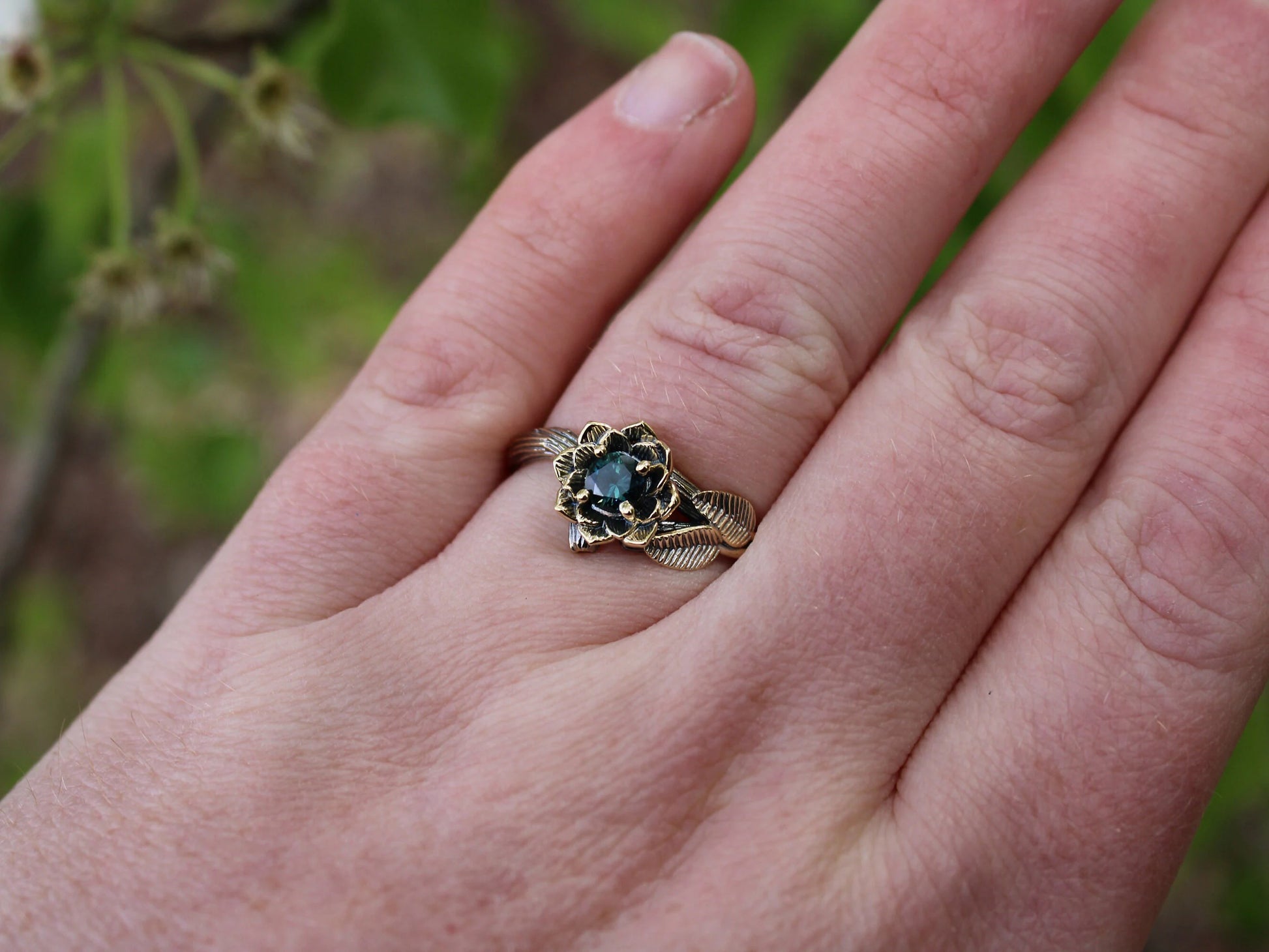 Twilight Petals - Sapphire Gold Lotus Engagement Ring - JF Fantasy Jewelry