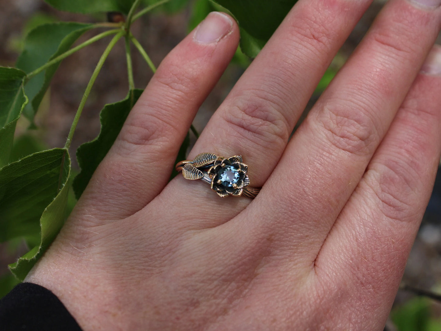Sea of Petals - Aquamarine Gold Lotus Engagement Ring - JF Fantasy Jewelry