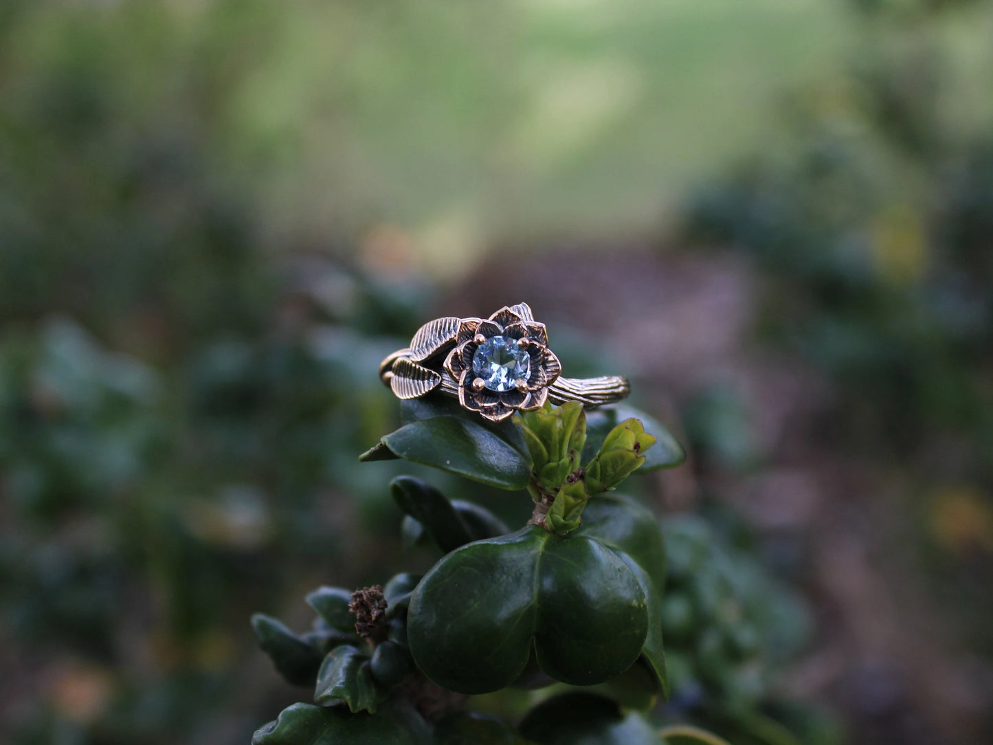 Sea of Petals - Aquamarine Gold Lotus Engagement Ring - JF Fantasy Jewelry