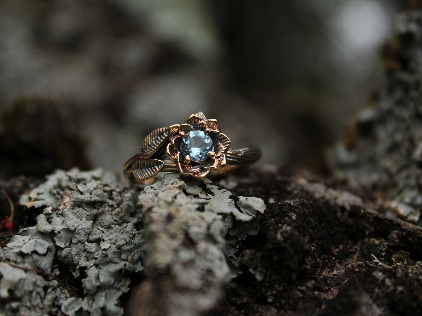 Sea of Petals - Aquamarine Gold Lotus Engagement Ring - JF Fantasy Jewelry