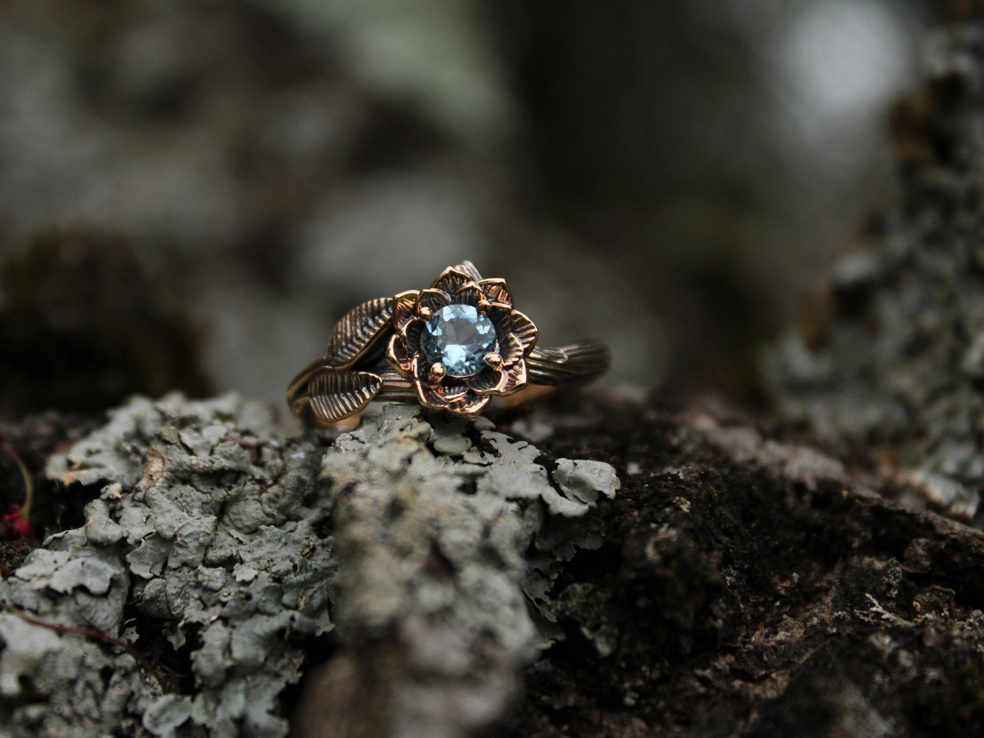 Sea of Petals - Aquamarine Gold Lotus Engagement Ring - JF Fantasy Jewelry