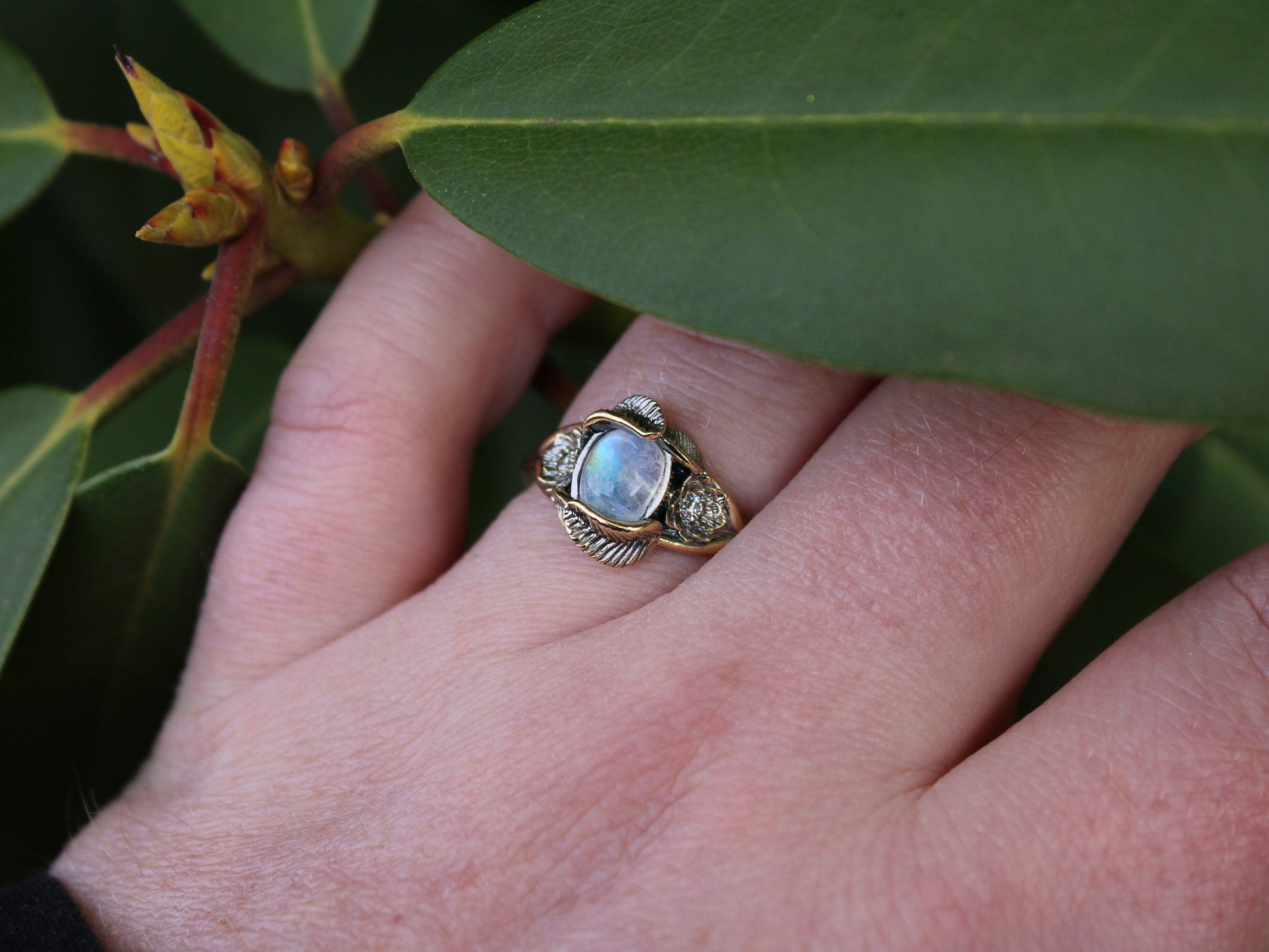 Lotus Leaf Dance, Moonstone Gold Lotus Engagement Ring - JF Fantasy Jewelry