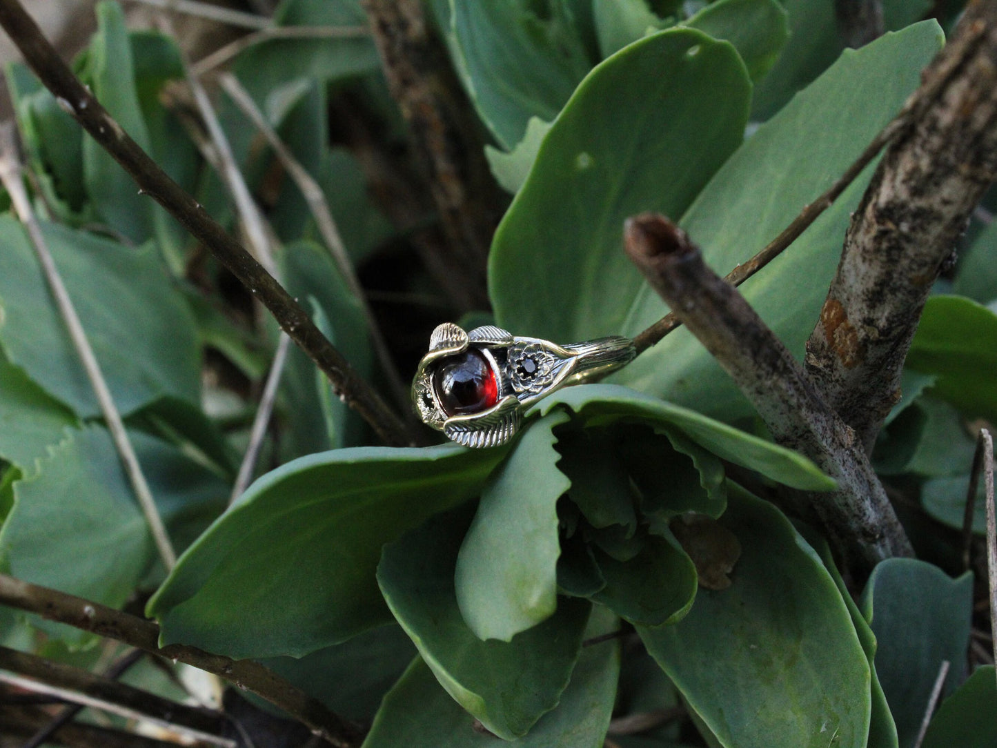 Lotus Leaf Dance - Garnet Gold Lotus Engagement Ring