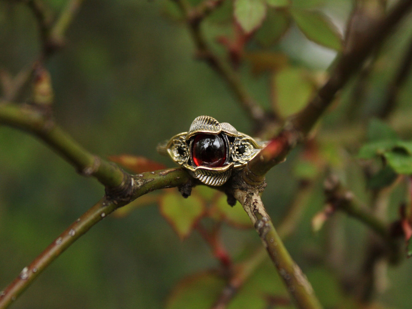 Lotus Leaf Dance - Garnet Gold Lotus Engagement Ring