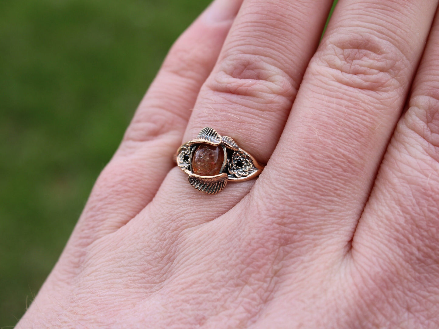 Lotus Leaf Dance, Sunstone Gold Lotus Engagement Ring - JF Fantasy Jewelry