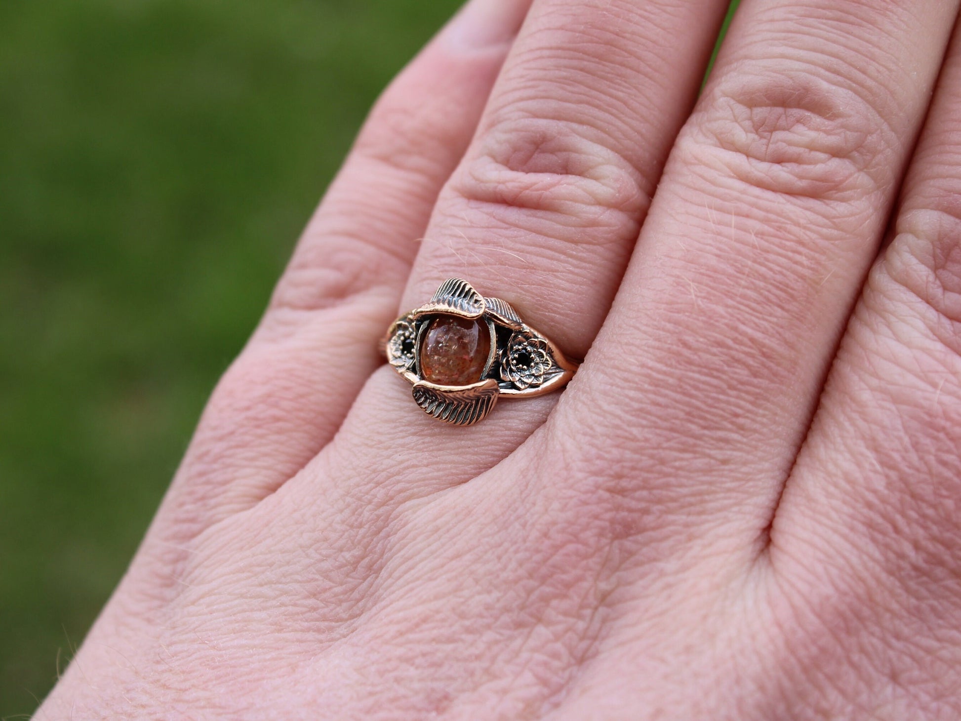 Lotus Leaf Dance, Sunstone Gold Lotus Engagement Ring - JF Fantasy Jewelry
