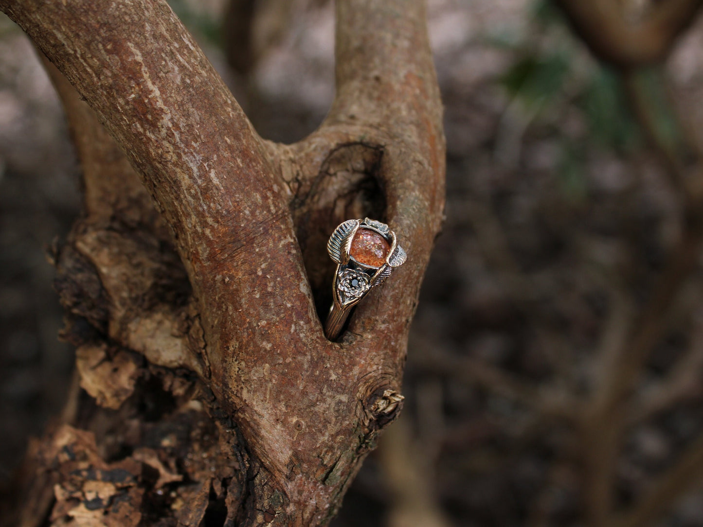 Lotus Leaf Dance, Sunstone Gold Lotus Engagement Ring - JF Fantasy Jewelry
