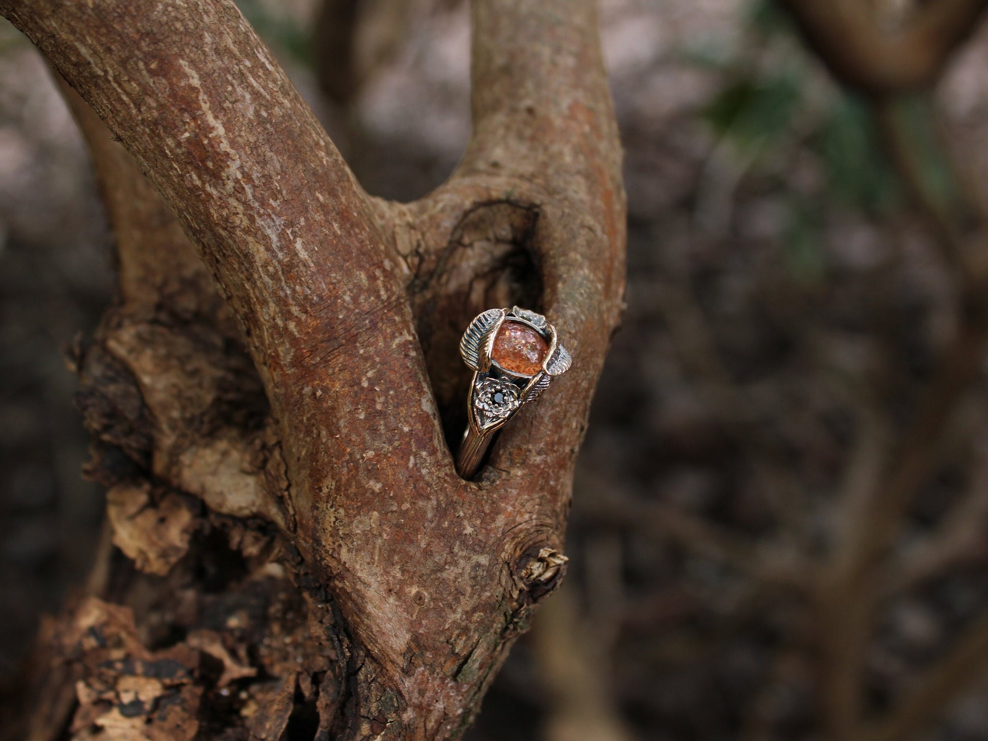 Lotus Leaf Dance, Sunstone Gold Lotus Engagement Ring - JF Fantasy Jewelry
