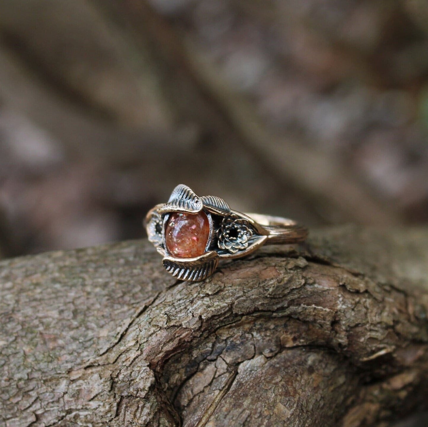 Lotus Leaf Dance, Sunstone Gold Lotus Engagement Ring - JF Fantasy Jewelry