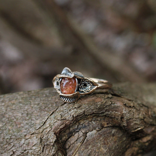 Lotus Leaf Dance, Sunstone Gold Lotus Engagement Ring - JF Fantasy Jewelry
