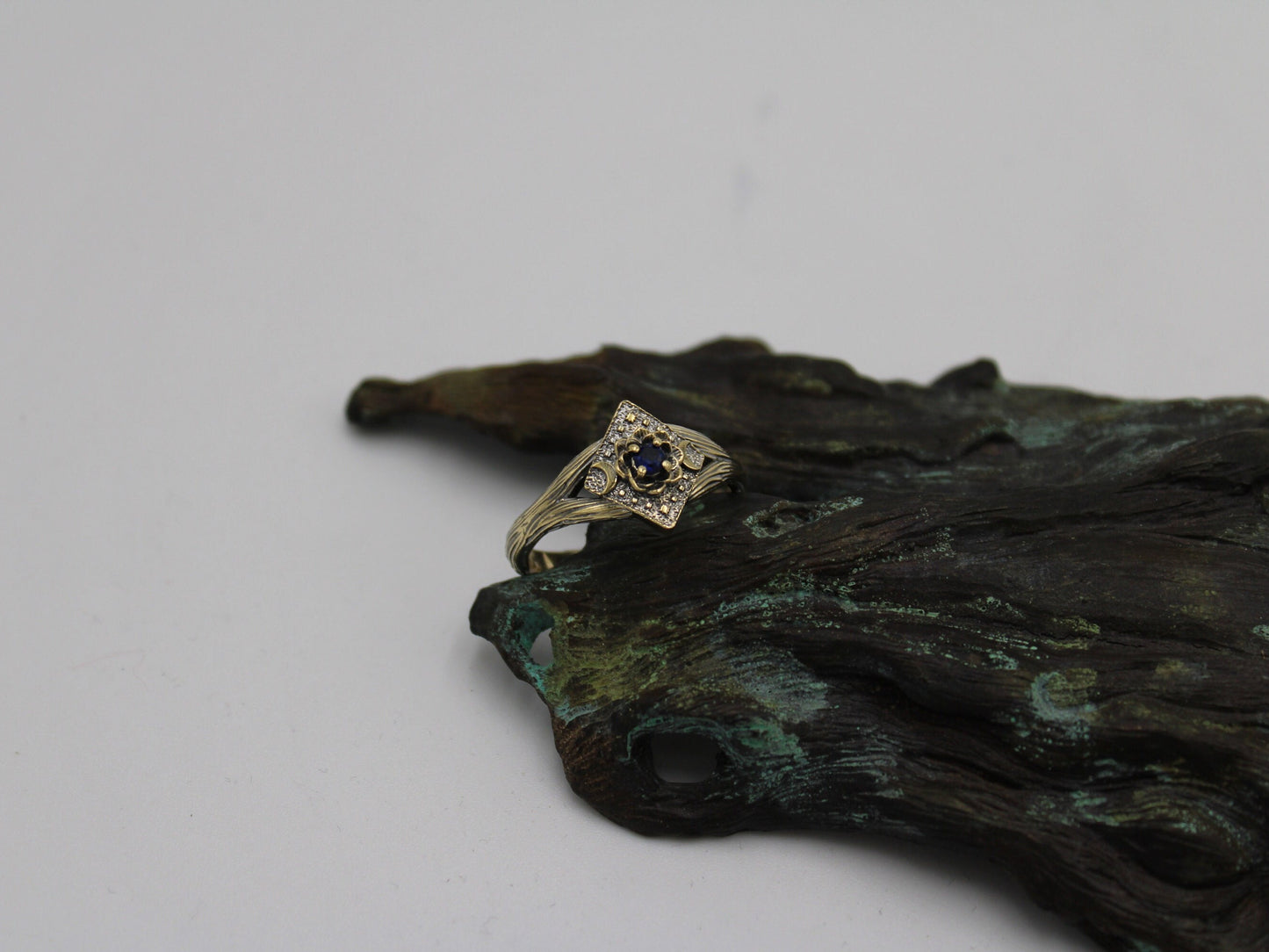 Lunar Bloom, Sapphire Gold Lotus Engagement Ring - JF Fantasy Jewelry
