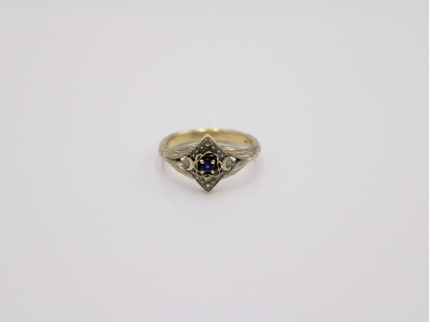 Lunar Bloom, Sapphire Gold Lotus Engagement Ring - JF Fantasy Jewelry