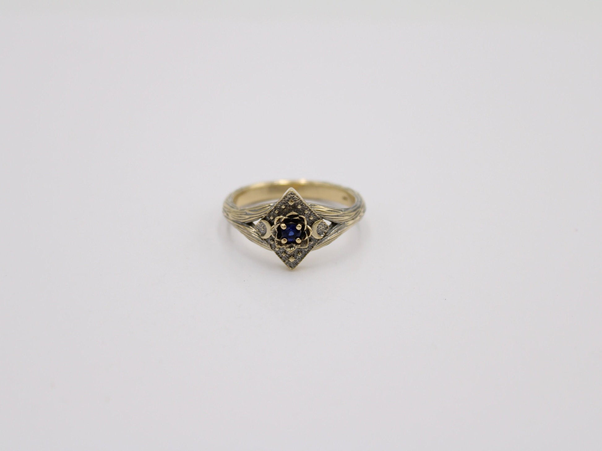 Lunar Bloom, Sapphire Gold Lotus Engagement Ring - JF Fantasy Jewelry