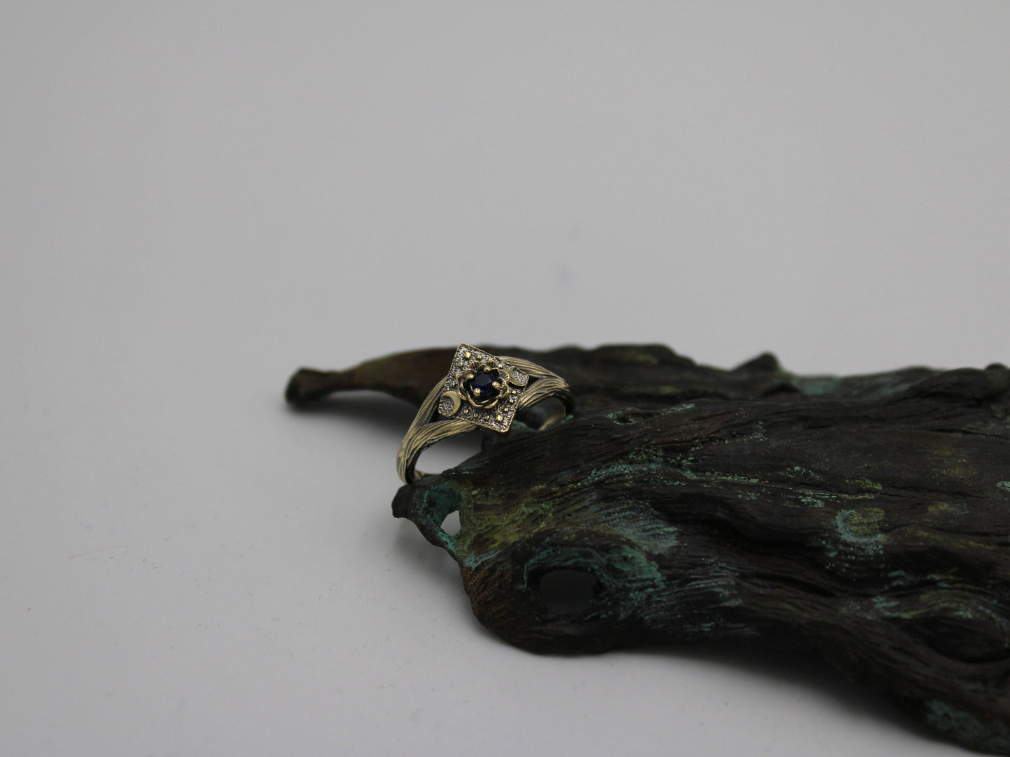 Lunar Bloom, Sapphire Gold Lotus Engagement Ring - JF Fantasy Jewelry