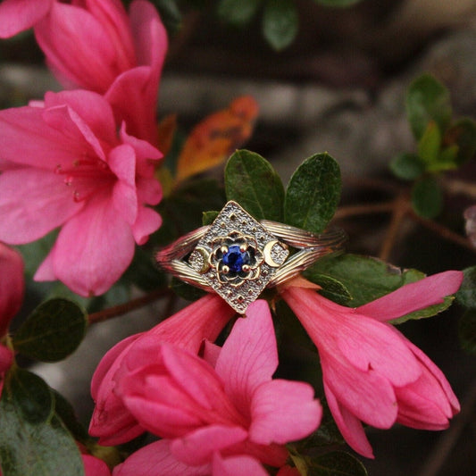 Lunar Bloom, Sapphire Gold Lotus Engagement Ring - JF Fantasy Jewelry