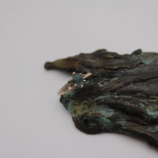 Petals and Shells, Moss Agate Gold Snail Engagement Ring - JF Fantasy Jewelry