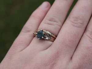 Petals and Shells Set, Moss Agate Gold Snail Bridal Ring Set