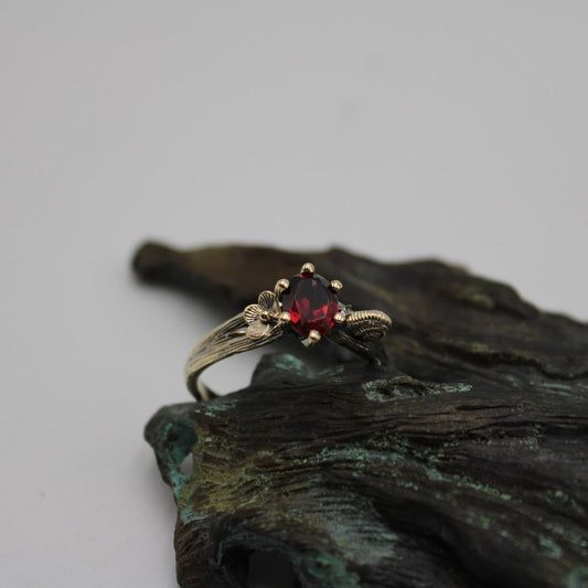 Petals and Shells, Garnet Gold Snail Engagement Ring - JF Fantasy Jewelry
