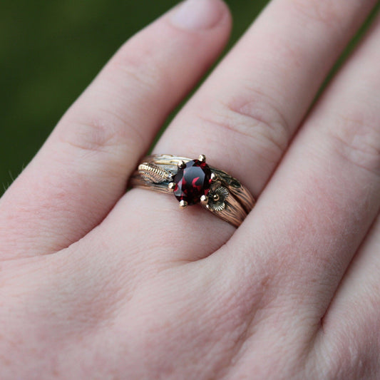 Petals and Shells Set Garnet Gold Snail Bridal Ring Set - JF Fantasy Jewelry