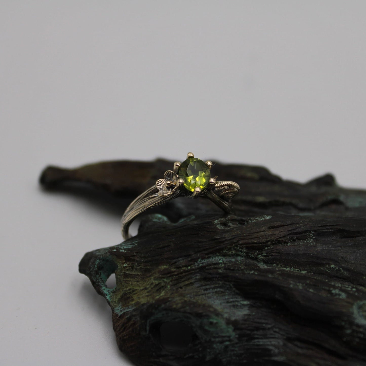 Petals and Shells, Peridot Gold Snail Engagement Ring - JF Fantasy Jewelry