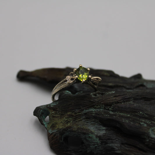 Petals and Shells, Peridot Gold Snail Engagement Ring - JF Fantasy Jewelry