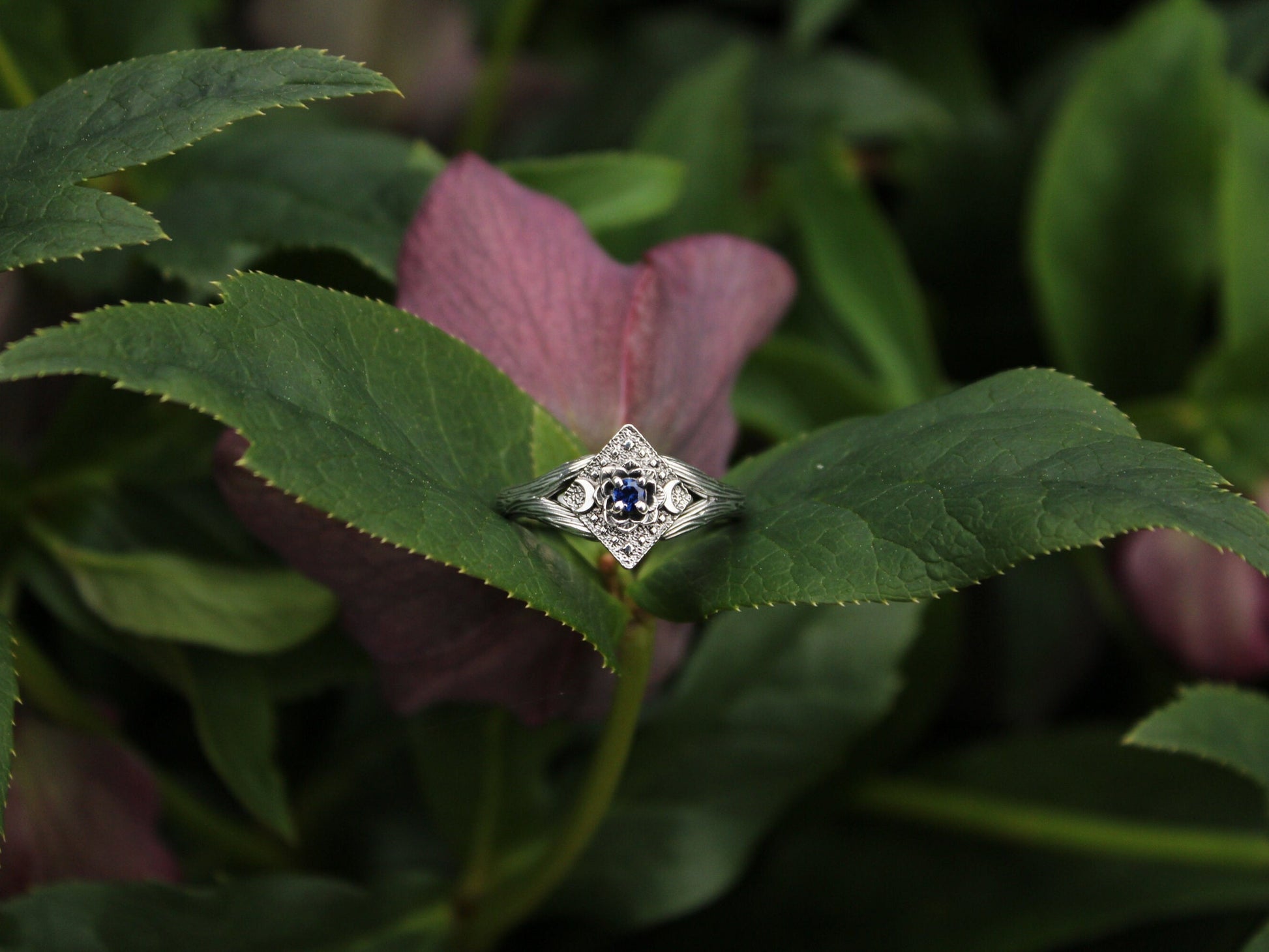 Lunar Bloom, Sapphire Lotus Engagement Ring - JF Fantasy Jewelry