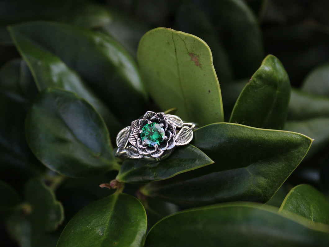 Radiant Bloom, Sterling Silver Green CZ Lotus Ring