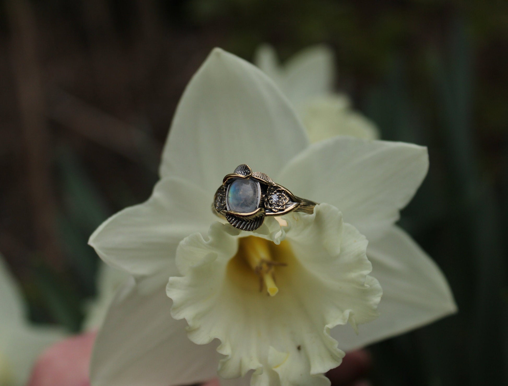 Lotus Leaf Dance, Moonstone Gold Lotus Engagement Ring - JF Fantasy Jewelry