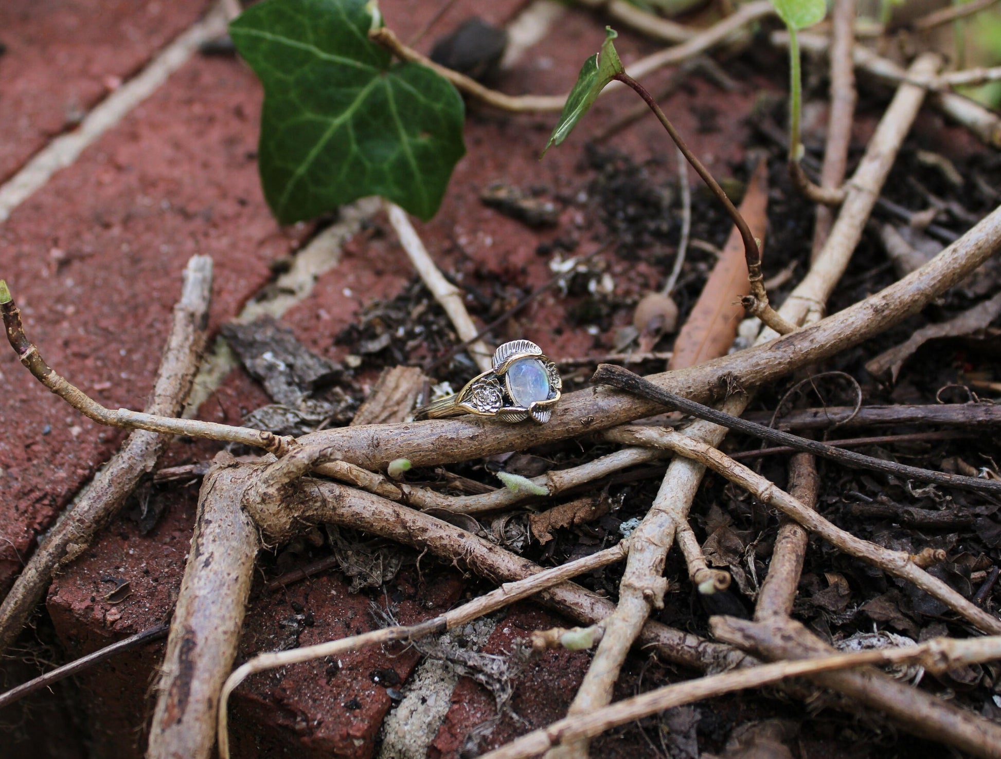Lotus Leaf Dance, Moonstone Gold Lotus Engagement Ring - JF Fantasy Jewelry