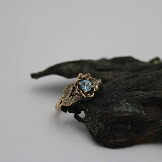 Sea of Petals, Aquamarine Gold Lotus Engagement Ring - JF Fantasy Jewelry