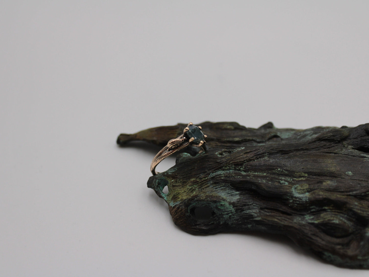 Petals and Shells Set - Moss Agate Gold Snail Bridal Ring Set
