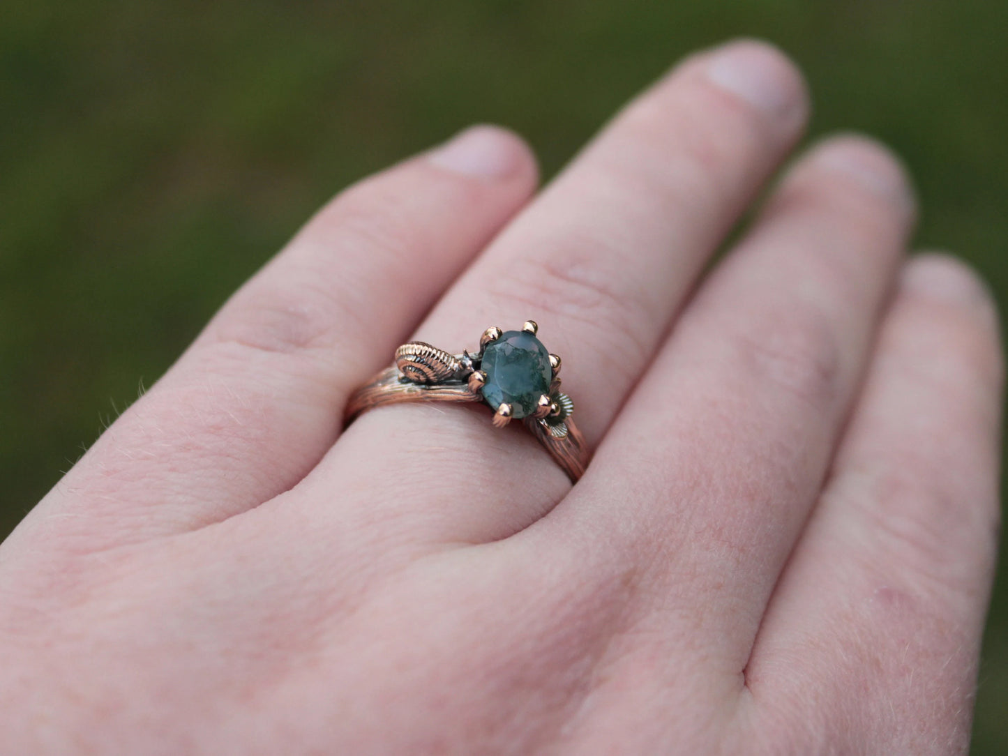 Petals and Shells Set - Moss Agate Gold Snail Bridal Ring Set - JF Fantasy Jewelry