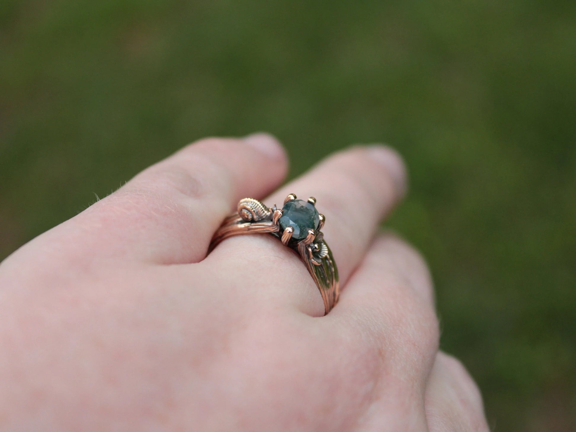 Petals and Shells Set - Moss Agate Gold Snail Bridal Ring Set - JF Fantasy Jewelry