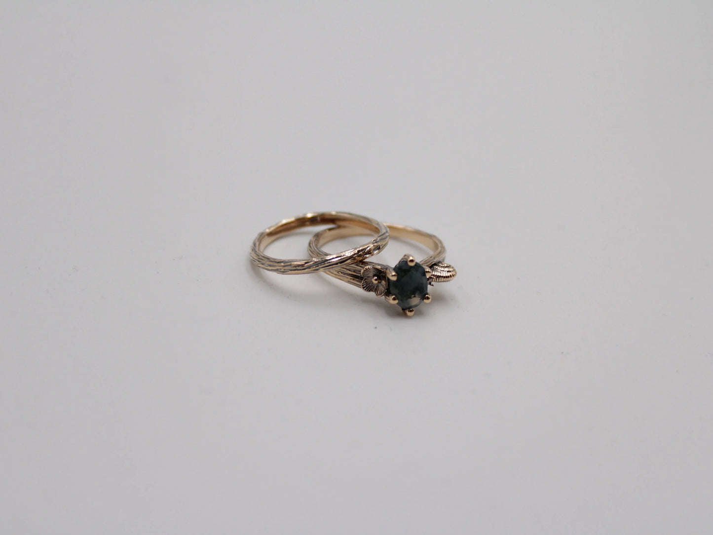 Petals and Shells Set - Moss Agate Gold Snail Bridal Ring Set - JF Fantasy Jewelry