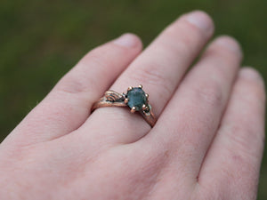 Petals and Shells, Moss Agate Gold Snail Engagement Ring