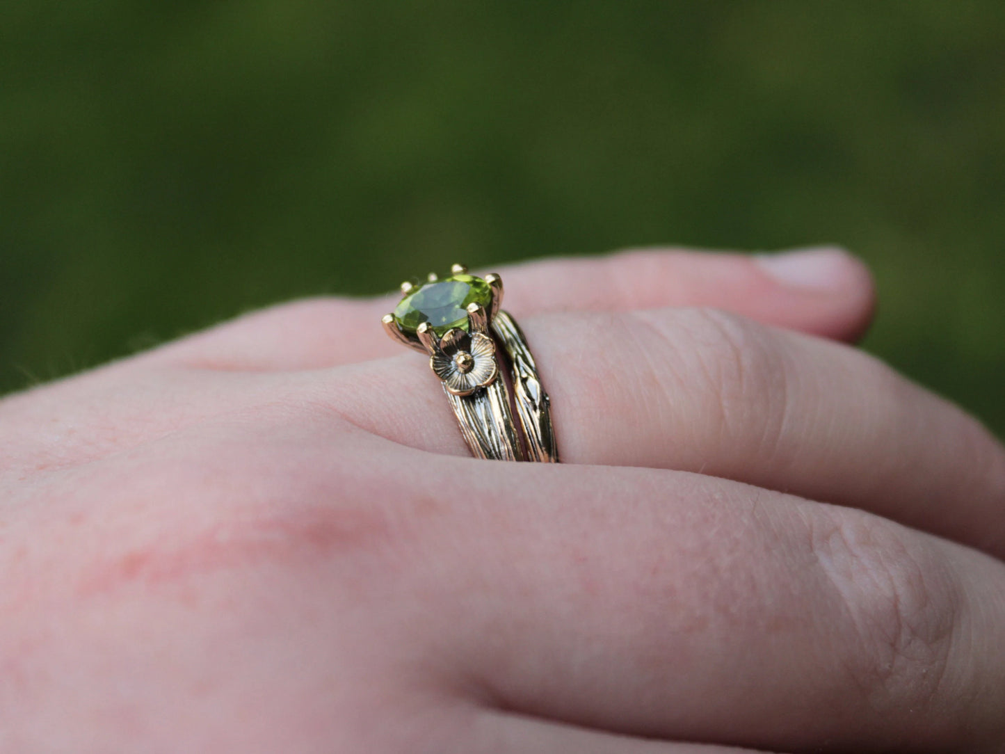 Petals and Shells Set - Peridot Gold Snail Bridal Ring Set - JF Fantasy Jewelry