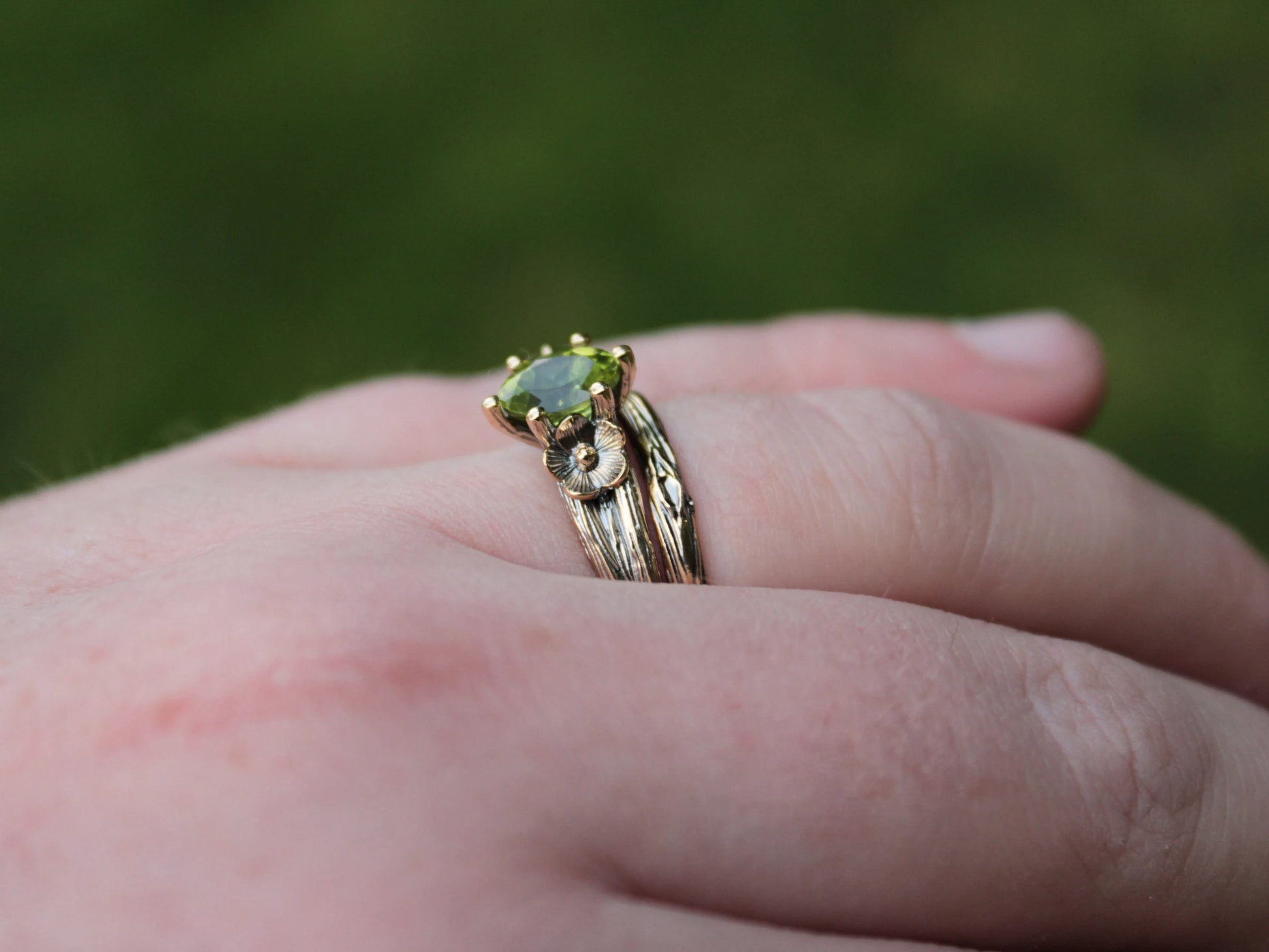 Petals and Shells Set - Peridot Gold Snail Bridal Ring Set - JF Fantasy Jewelry