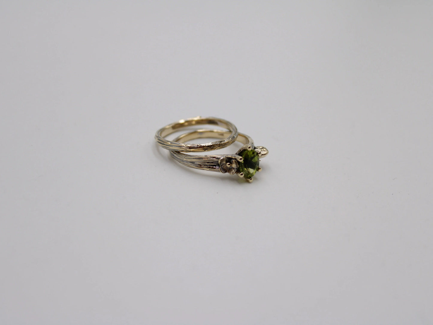 Petals and Shells Set - Peridot Gold Snail Bridal Ring Set - JF Fantasy Jewelry