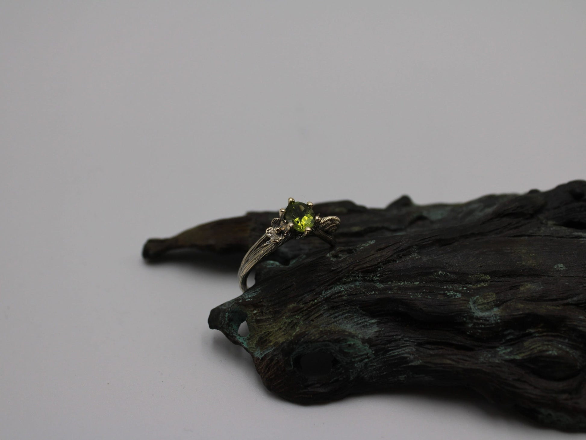 Petals and Shells, Peridot Gold Snail Engagement Ring - JF Fantasy Jewelry
