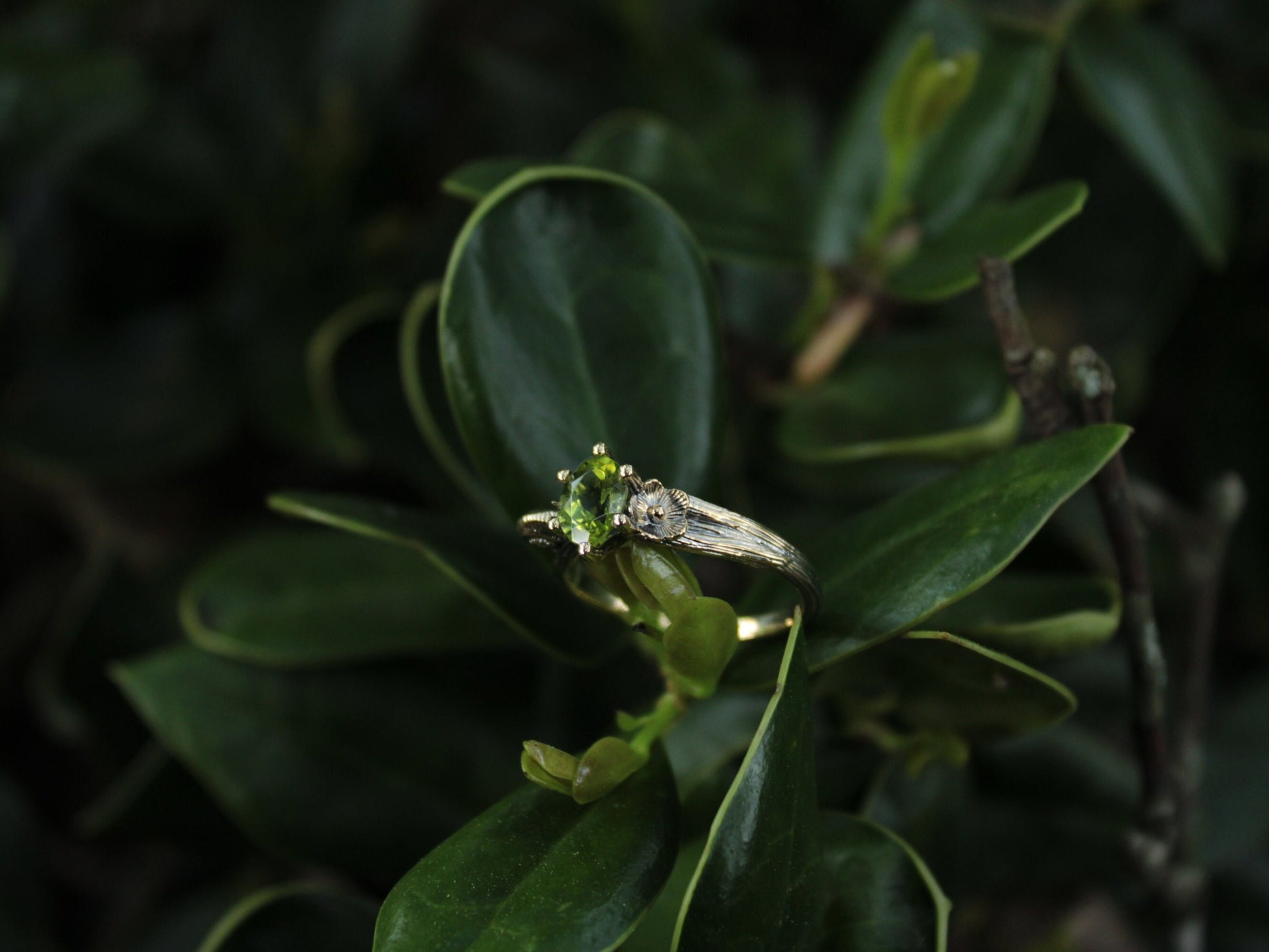 Petals and Shells, Peridot Gold Snail Engagement Ring - JF Fantasy Jewelry