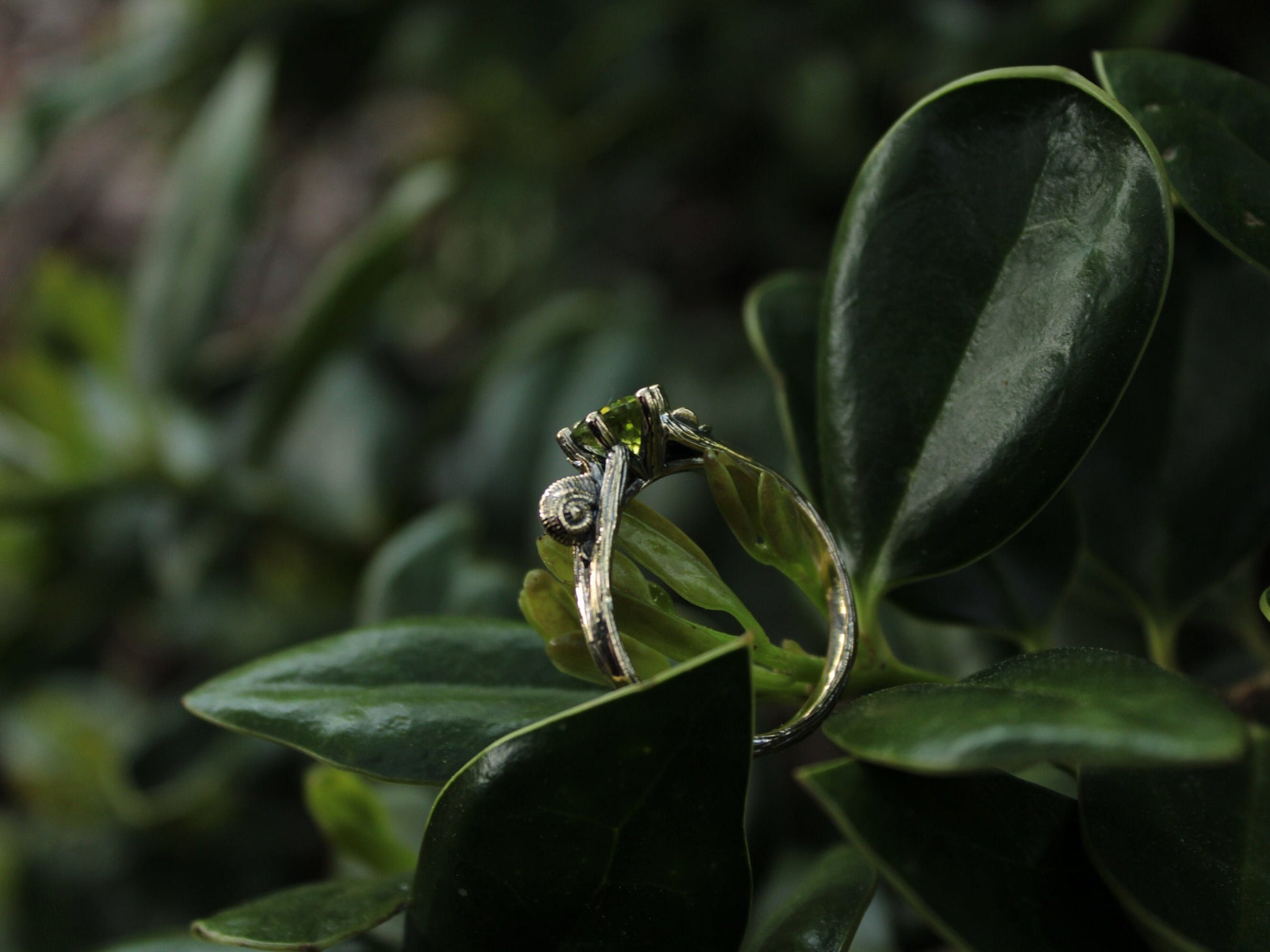 Petals and Shells, Peridot Gold Snail Engagement Ring - JF Fantasy Jewelry