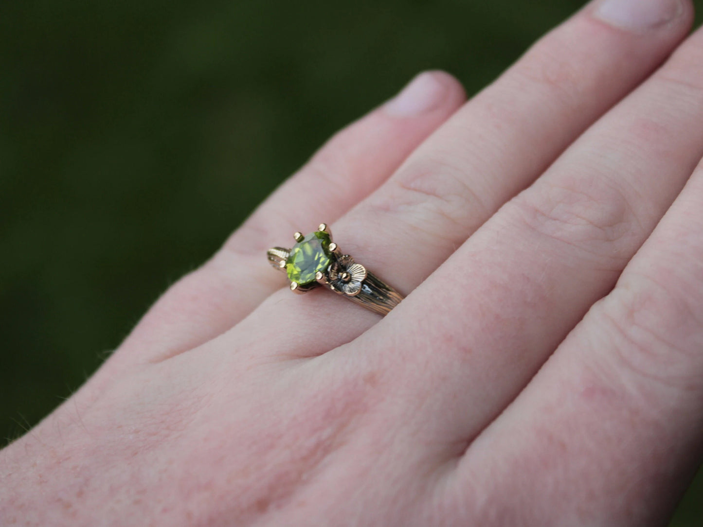 Petals and Shells - Peridot Gold Snail Engagement Ring
