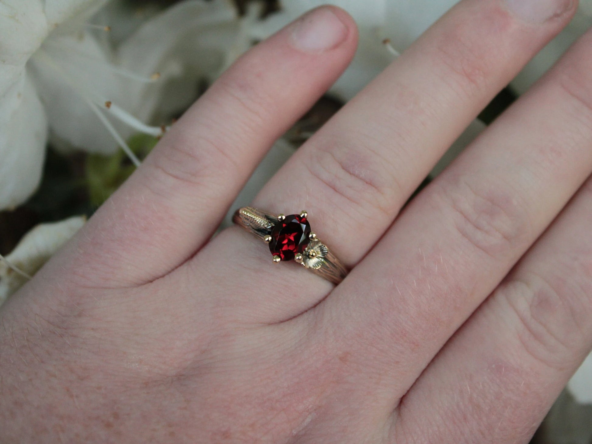Petals and Shells Set - Garnet Gold Snail Bridal Ring Set - JF Fantasy Jewelry