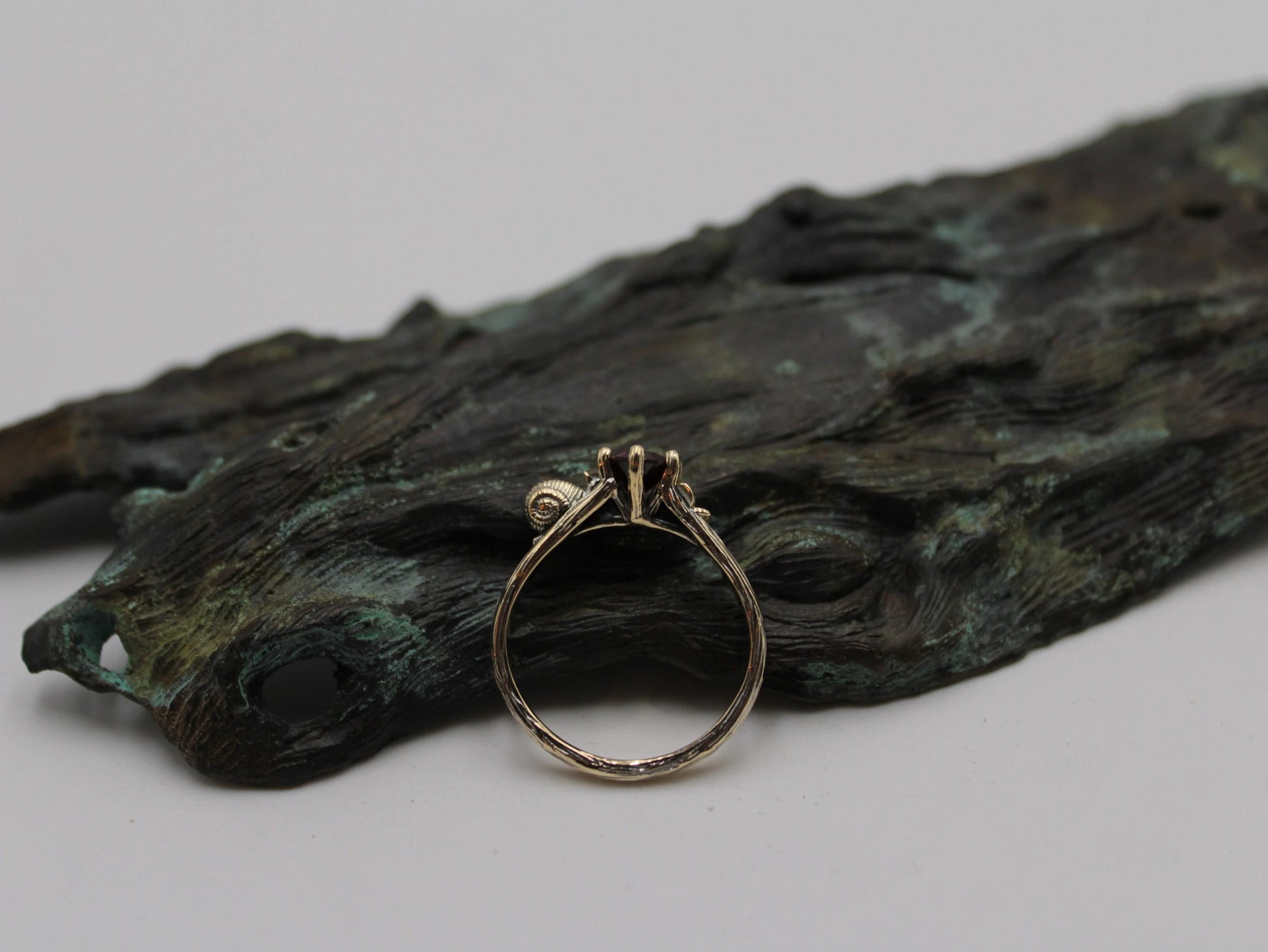 Petals and Shells Set - Garnet Gold Snail Bridal Ring Set - JF Fantasy Jewelry