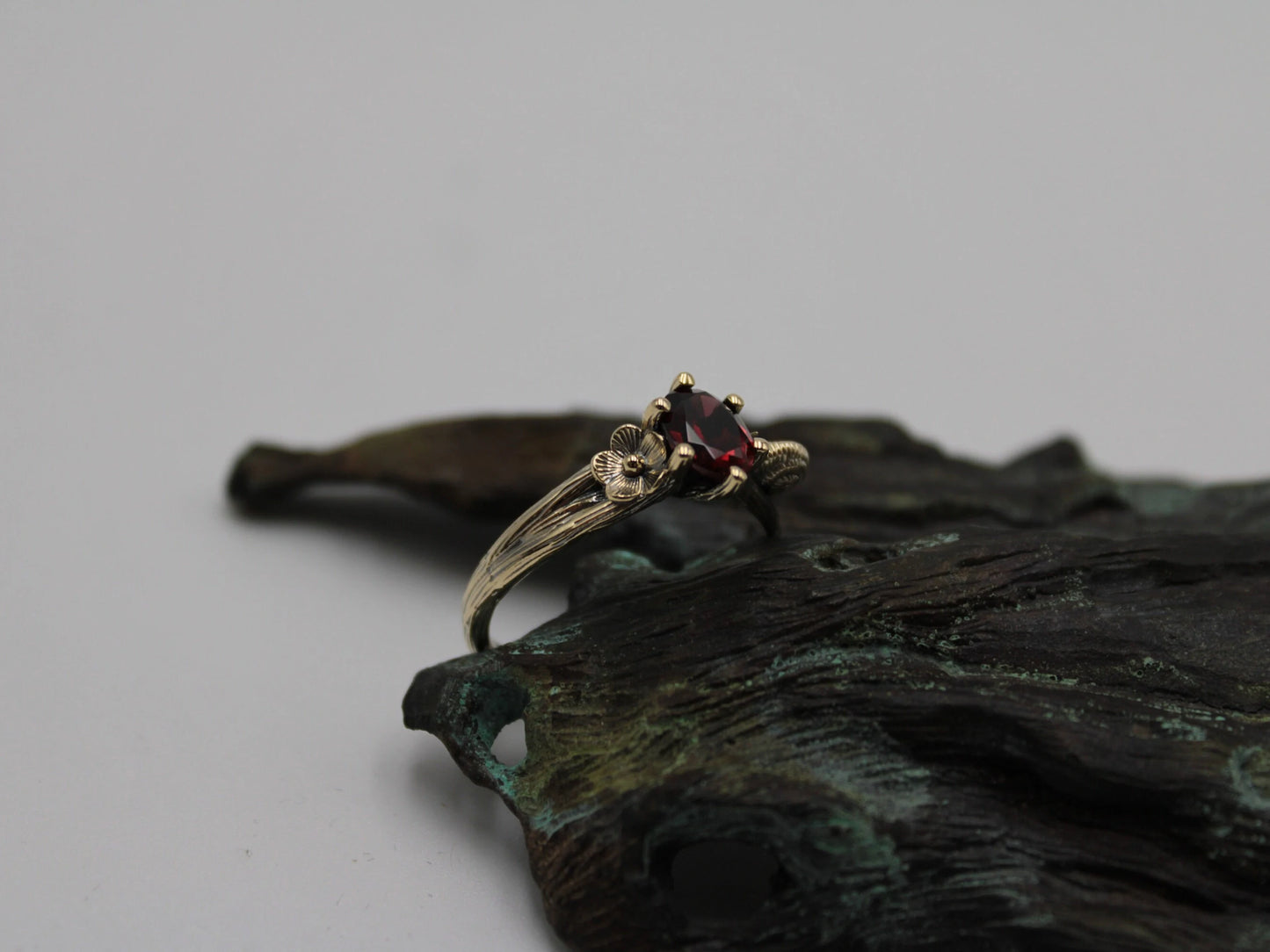 Petals and Shells - Garnet Gold Snail Engagement Ring - JF Fantasy Jewelry