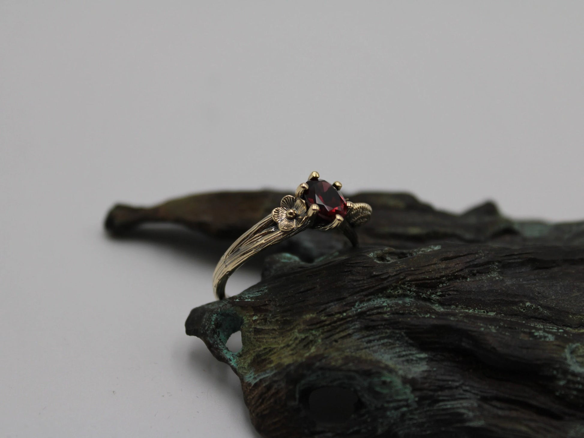 Petals and Shells - Garnet Gold Snail Engagement Ring - JF Fantasy Jewelry