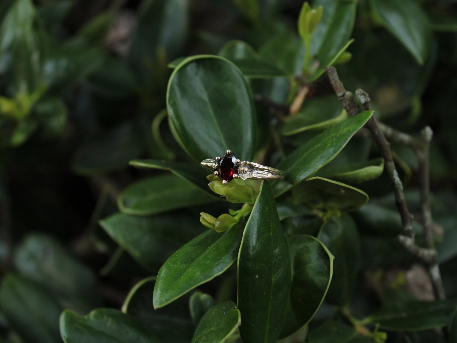 Petals and Shells - Garnet Gold Snail Engagement Ring - JF Fantasy Jewelry