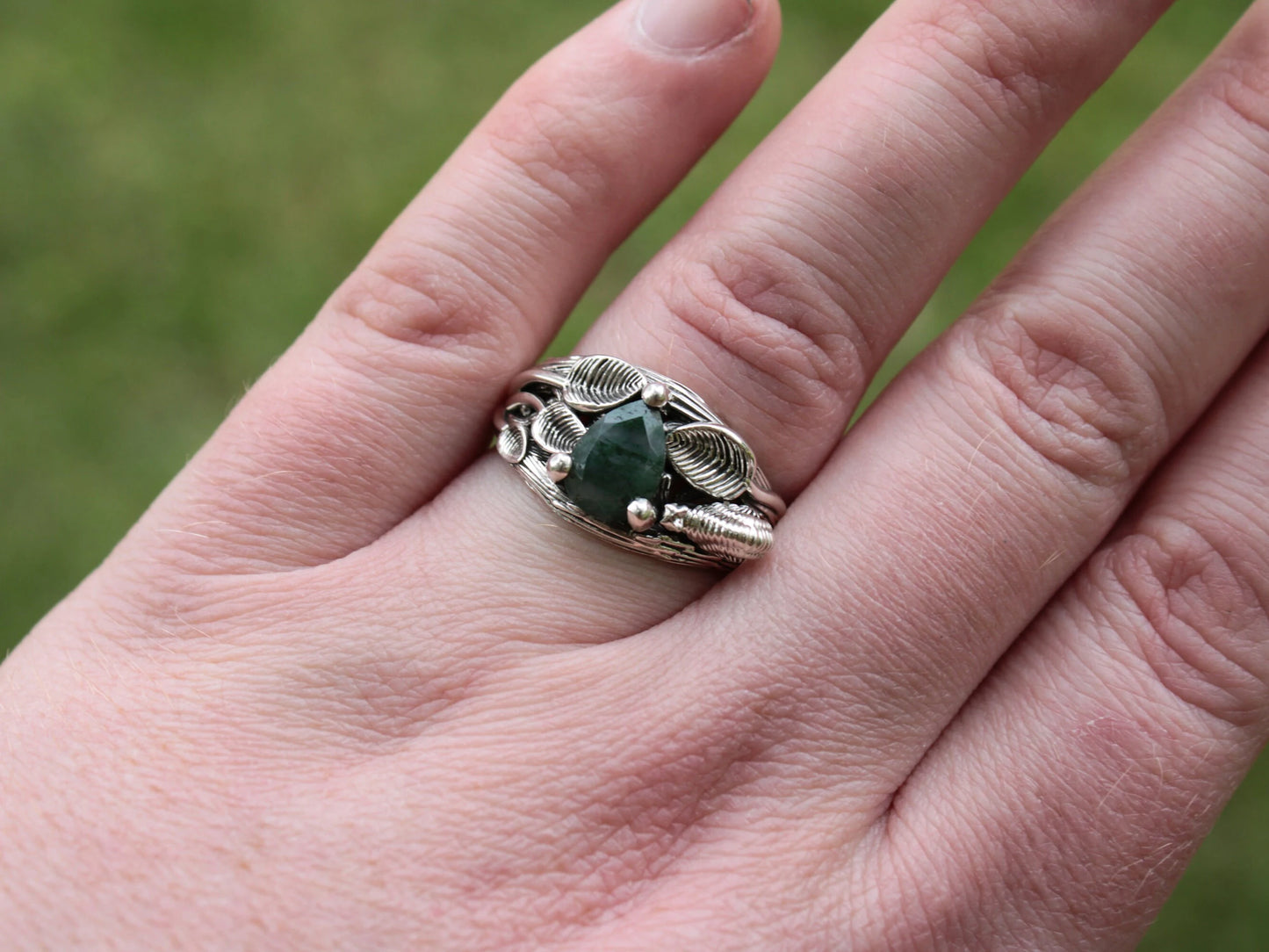 Garden Journey - Moss Agate Leaf Snail Ring - JF Fantasy Jewelry