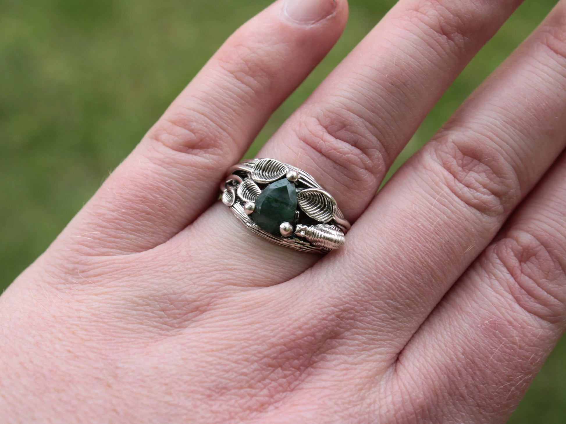 Garden Journey - Moss Agate Leaf Snail Ring - JF Fantasy Jewelry