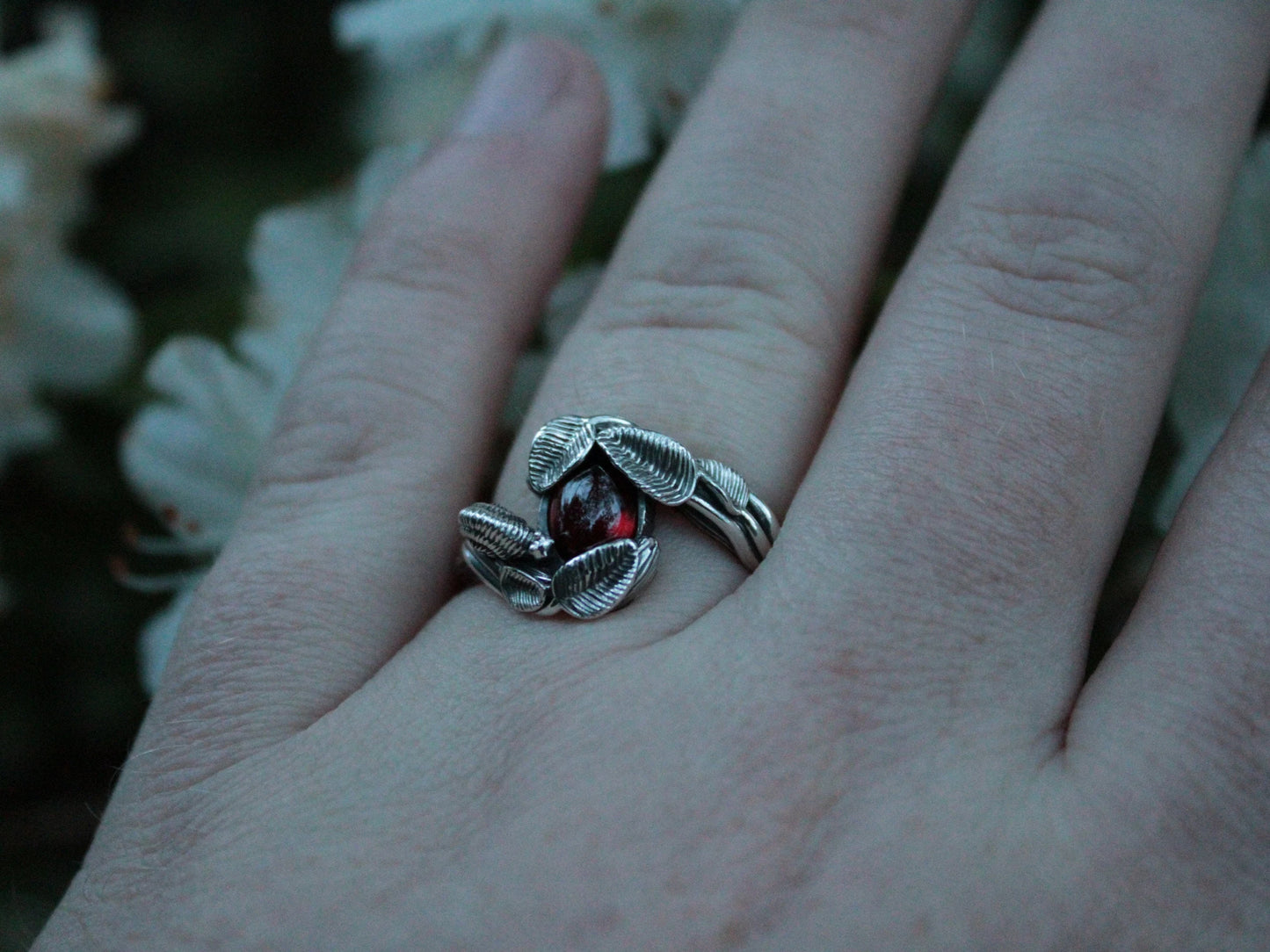 Leafy Trails - Garnet Snail Ring - JF Fantasy Jewelry